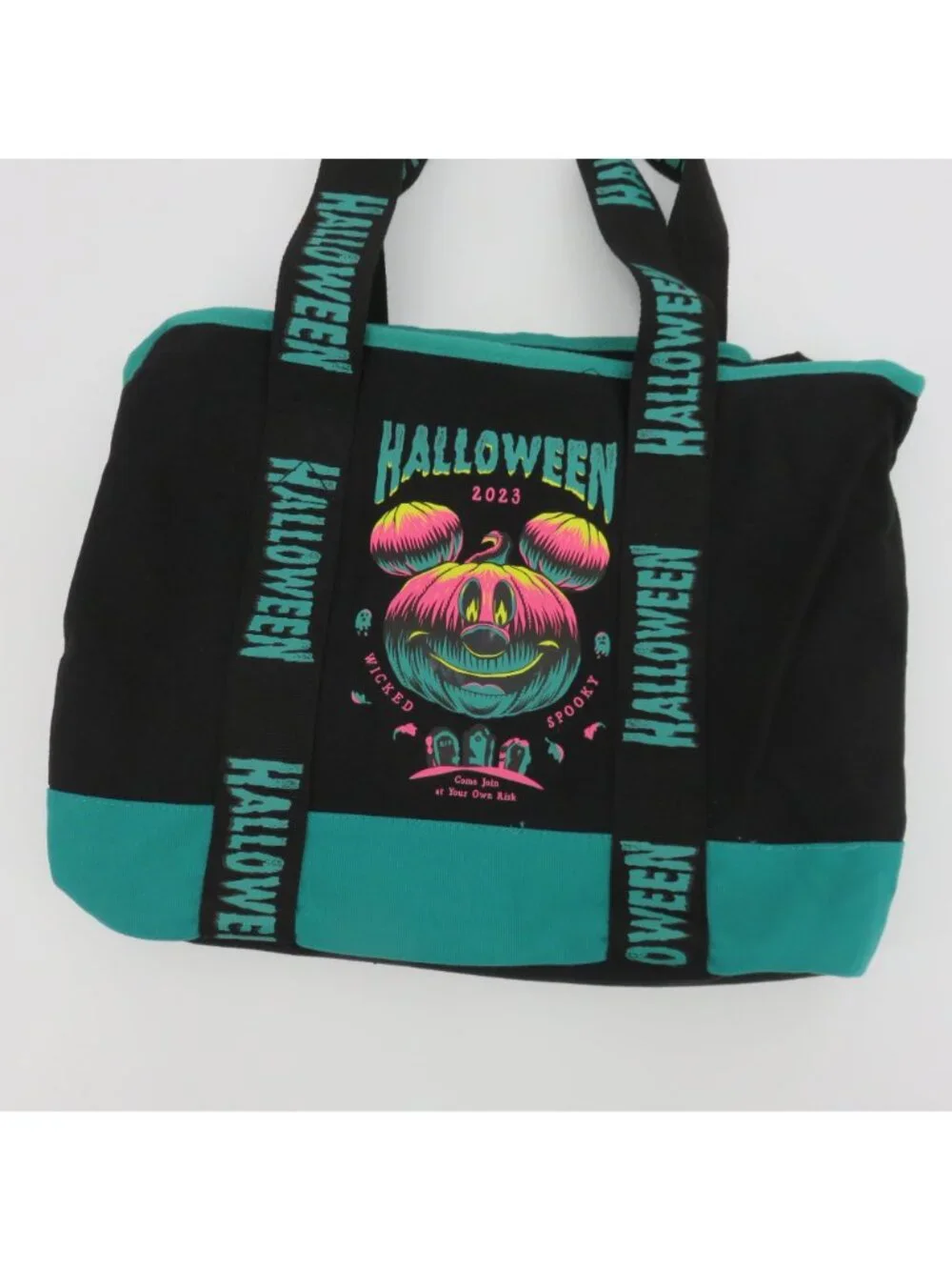 Disney Parks 2023 Halloween Glow In The Dark Mickey Mouse Tote Bag Black Teal